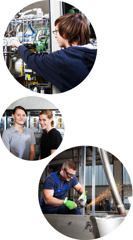 Junge Menschen bei der Arbeit in ihren Berufen der metalltechnischen Industrie. Junge Menschen bei der Arbeit in ihren Berufen der metalltechnischen Industrie.