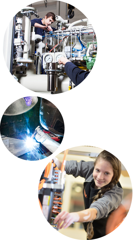 Eine Reihe von drei runden Bildern zeigt junge Menschen bei Arbeiten in Berufen der metalltechnischen Industrie. Eine Reihe von drei runden Bildern zeigt junge Menschen bei Arbeiten in Berufen der metalltechnischen Industrie.