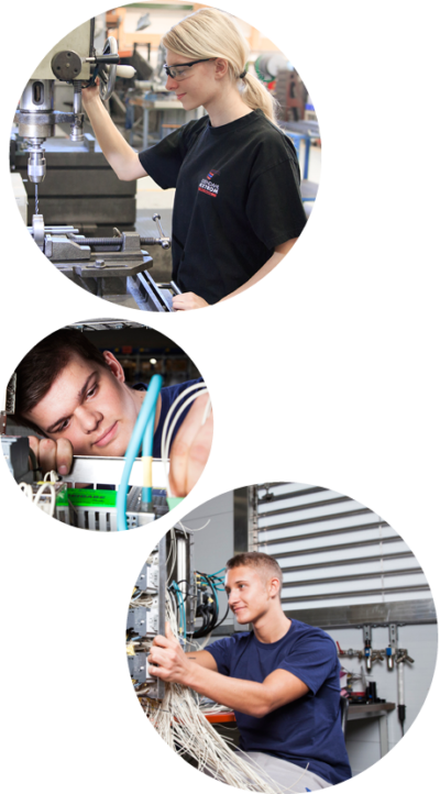 Bildmontage von jungen Menschen bei der Arbeit an diversen Maschinen. Bildmontage von jungen Menschen bei der Arbeit an diversen Maschinen.