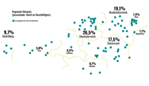Grafische Darstellung regionaler Hotspots für Lehrstellen als Österreichkarte.